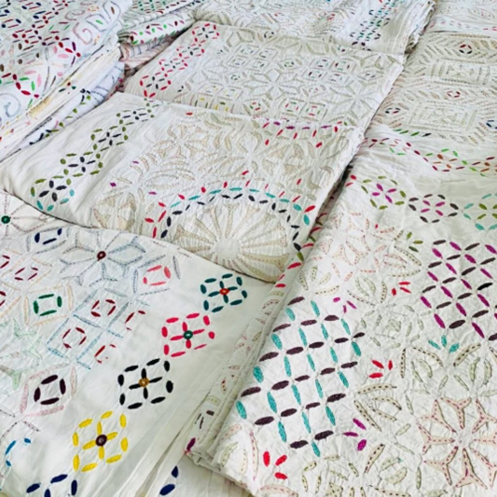 Kantha Embroidery Cotton Bedspread Quilts Applique Bedcover Bedsheet Runner KING